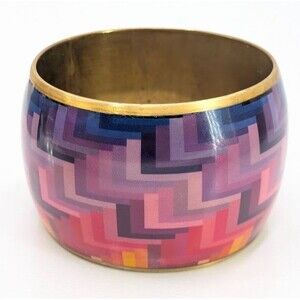 Vintage Bangle Bracelet Multicolor Zigzag Geometric Gold Tone Wide Dome 7.75in